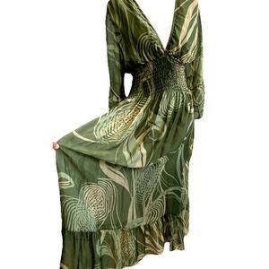 VTG Silk Maxi Dress Green Flowy Goddess Resort Beach Fairy Party Occasion Italy